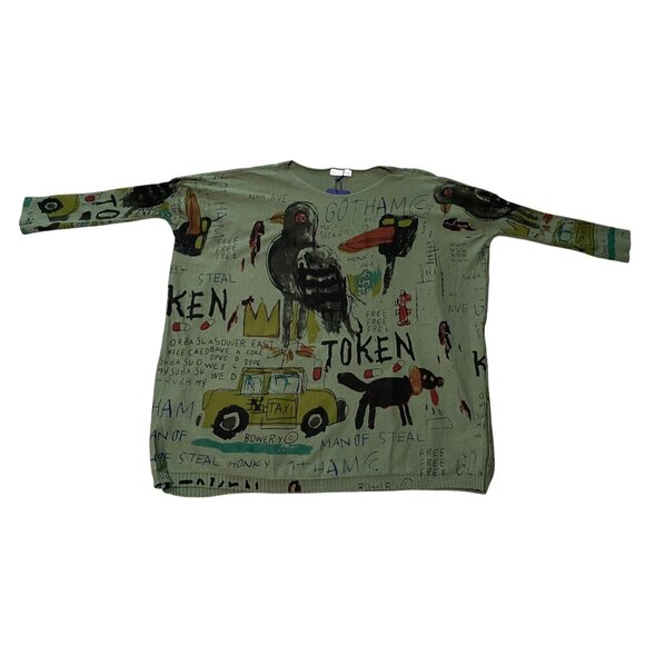Ellazhu Womens Green Shirt Art Graphic Wrap Around Loose Sweater Lora Rabbit OS - Picture 1 of 4
